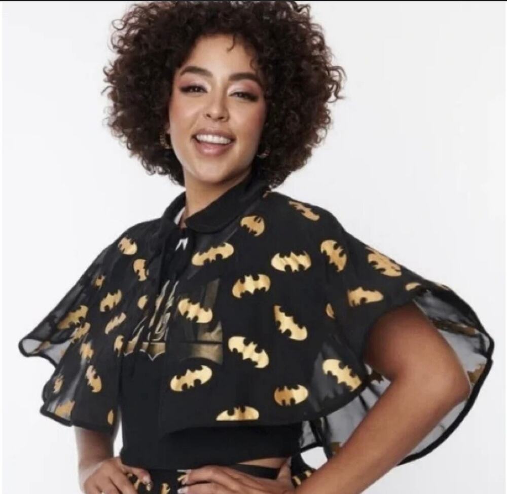 Unique Vintage Batgirl Black and Gold Foil Sheer Mini Cape Capelet S 4 NWOT